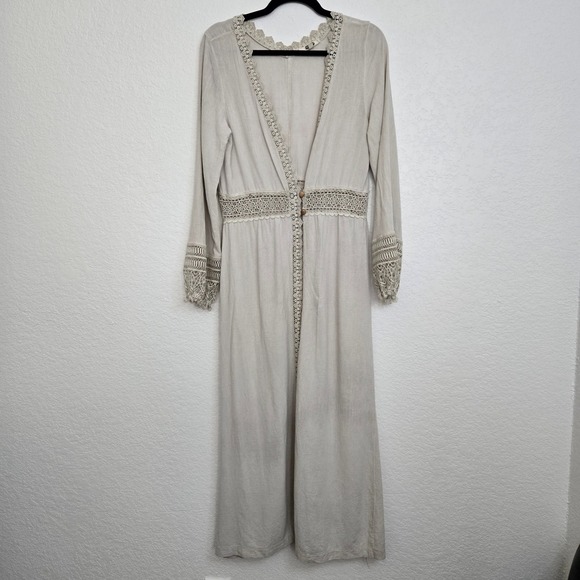 Gimmicks M Crochet Trim Duster Long Line Linen Blend Bohemian Long Sleeve Button - Picture 1 of 8